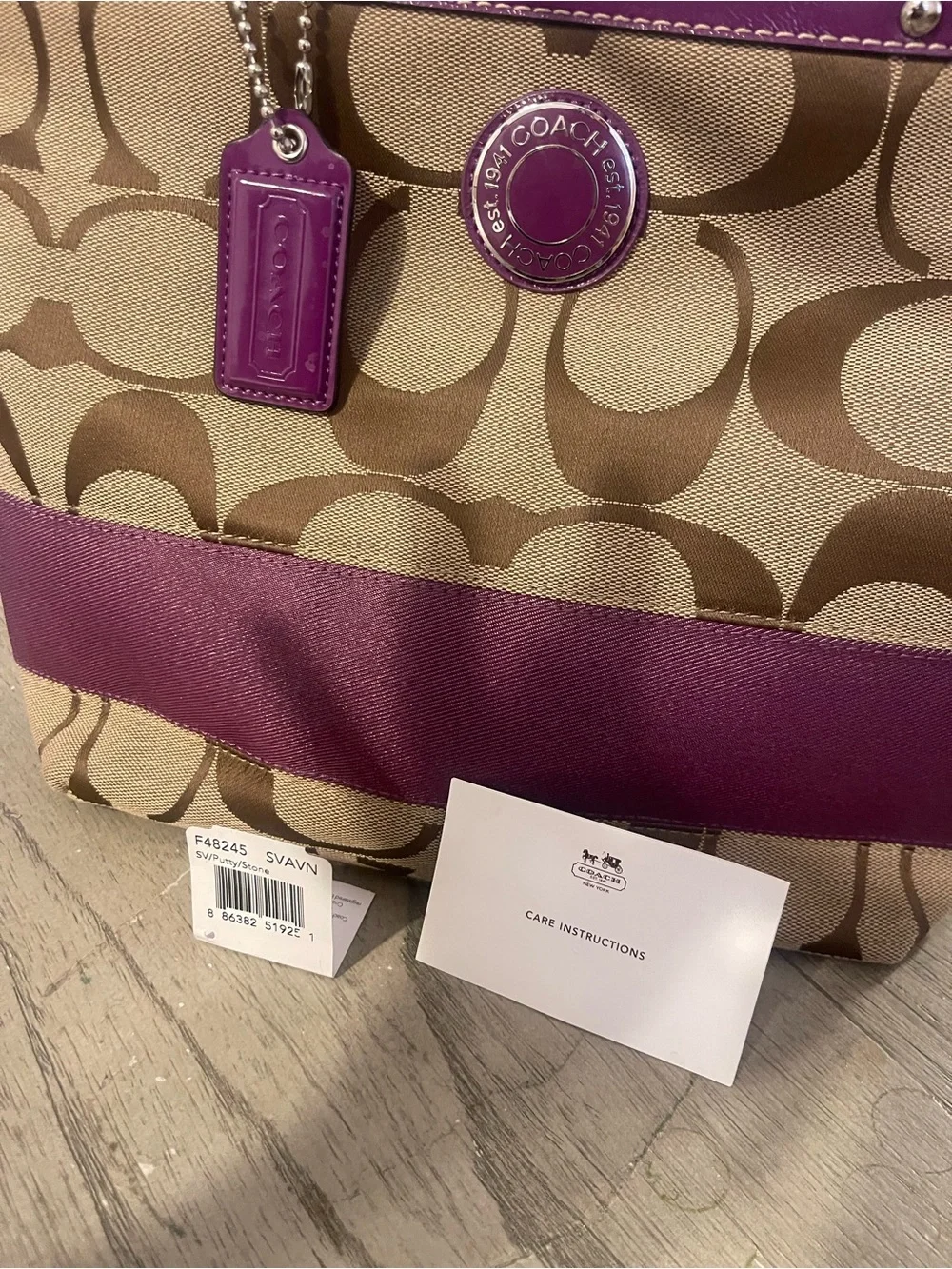 Coach Canvas Tote with Purple Trim and Tan Signature Print - Picture 7 of 9